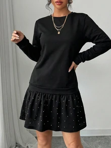 EURMUSE Pearls Beaded Ruffle Hem Dress - Black - View 5