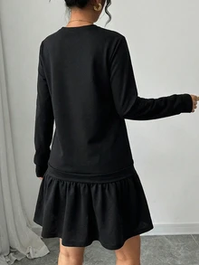 EURMUSE Pearls Beaded Ruffle Hem Dress - Black - View 2