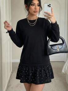 EURMUSE Pearls Beaded Ruffle Hem Dress - Black - View 1
