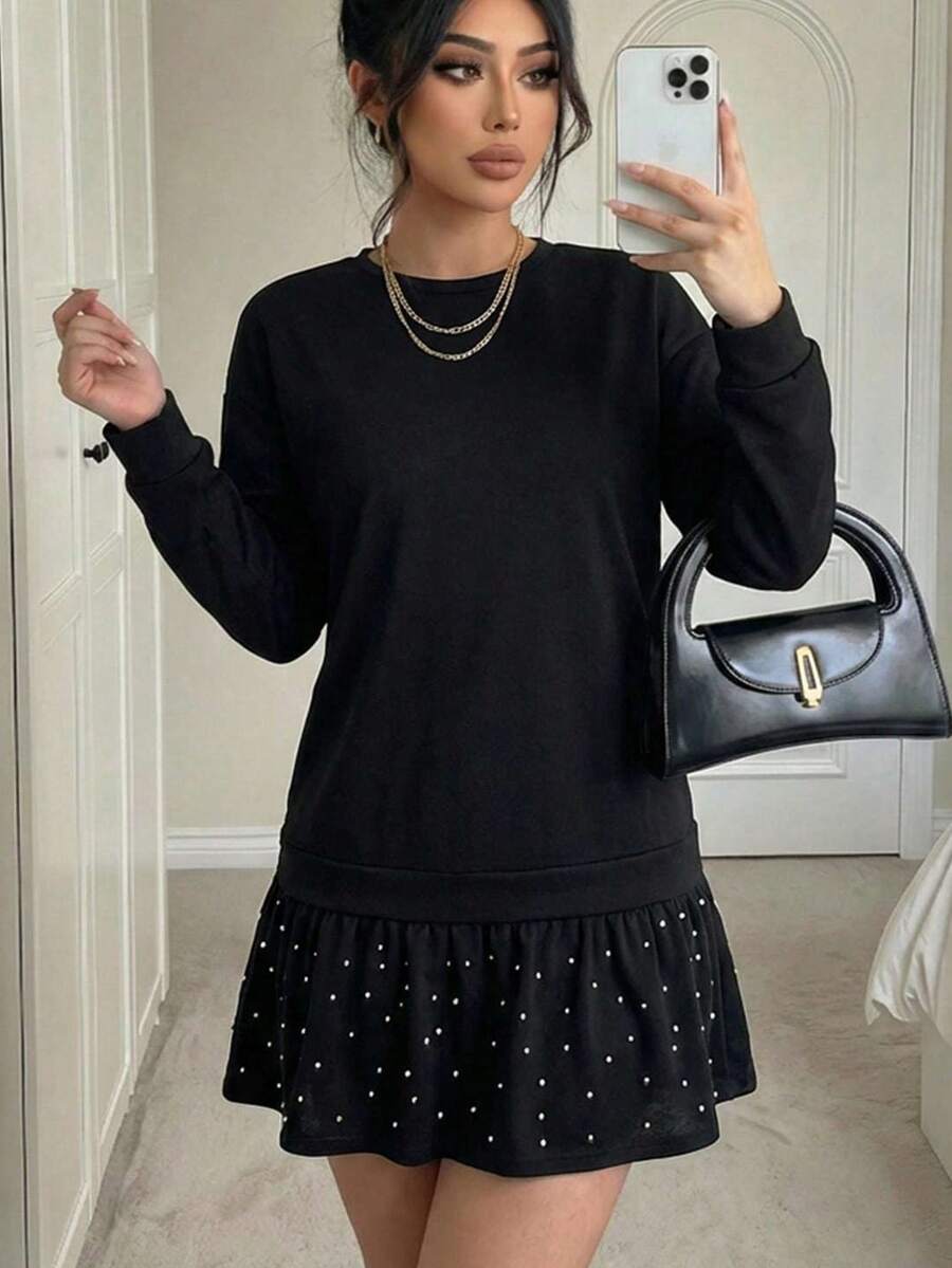 EURMUSE Pearls Beaded Ruffle Hem Dress - Black - View 1