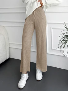 SHEIN Cottnline Cotton Solid Ribbed Knit Drawstring Waist Straight Leg Pants - Beige - View 6