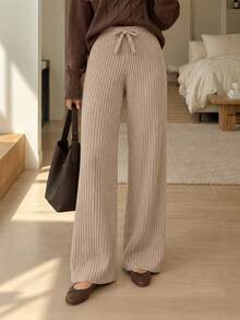 SHEIN Cottnline Cotton Solid Ribbed Knit Drawstring Waist Straight Leg Pants - Beige - View 1