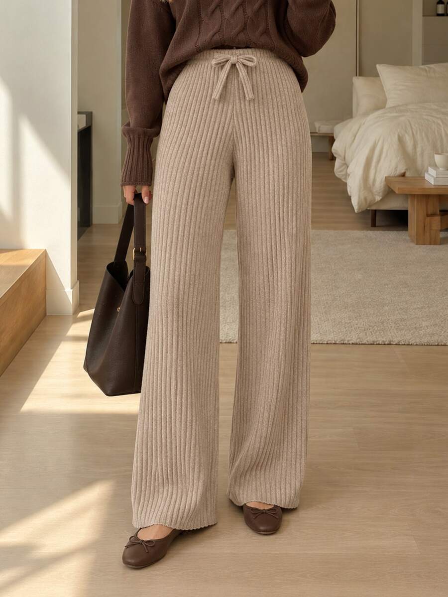 SHEIN Cottnline Cotton Solid Ribbed Knit Drawstring Waist Straight Leg Pants - Beige - View 1
