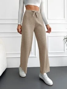 SHEIN Cottnline Cotton Solid Ribbed Knit Drawstring Waist Straight Leg Pants - Beige - View 5