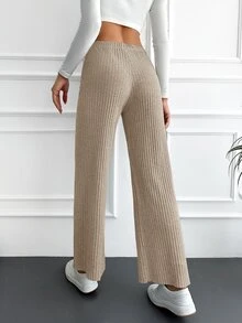 SHEIN Cottnline Cotton Solid Ribbed Knit Drawstring Waist Straight Leg Pants - Beige - View 2