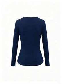 Bytebia Bytebia Women's Casual Versatile Solid Color Long Sleeve T-Shirt - Navy Blue - View 2