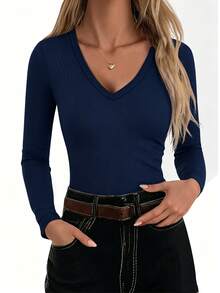 Bytebia Bytebia Women's Casual Versatile Solid Color Long Sleeve T-Shirt - Navy Blue - View 3