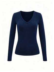 Bytebia Bytebia Women's Casual Versatile Solid Color Long Sleeve T-Shirt - Navy Blue - View 4