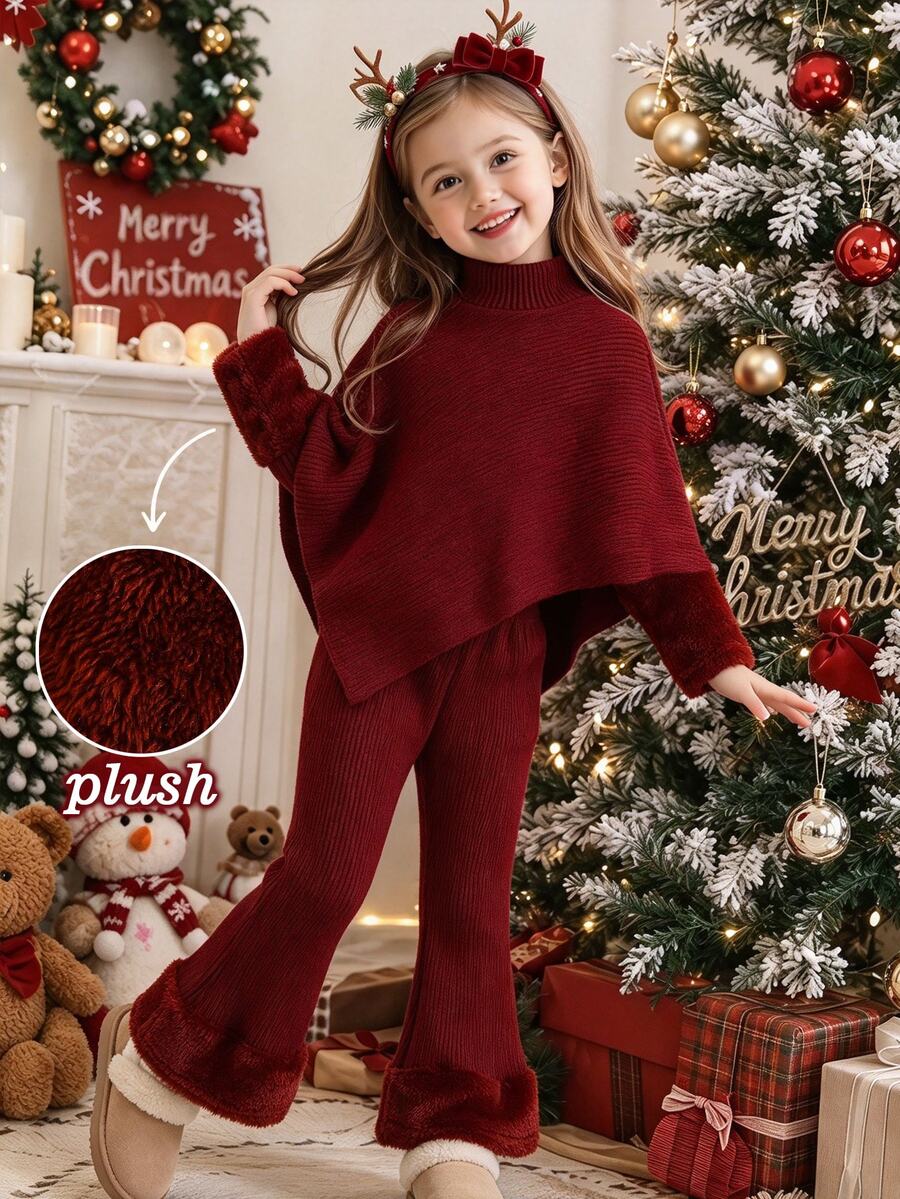 SHEIN Elladie kids (女童) 春/秋/冬休閒T恤套裝,設計感不對稱套頭高領酒紅色羅紋針織面料袖口拼接極地絨長袖T恤上衣,搭配褲腳拼接極地絨設計休閒喇叭褲,2件套,適合春/秋/冬返校季,女童優雅高端日常校園出遊旅行派對穿搭 - 酒紅色 - 查看 1