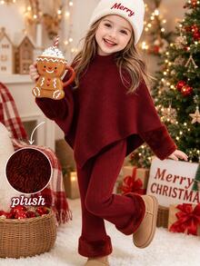 SHEIN Elladie kids (女童) 春/秋/冬休閒T恤套裝，設計感不對稱套頭高領酒紅色羅紋針織面料袖口拼接極地絨長袖T恤上衣，搭配褲腳拼接極地絨設計休閒喇叭褲，2件套，適合春/秋/冬返校季，女童優雅高端日常校園出遊旅行派對穿搭 - 酒紅色 - 查看 3