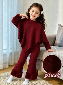 SHEIN Elladie kids (女童) 春/秋/冬休閒T恤套裝，設計感不對稱套頭高領酒紅色羅紋針織面料袖口拼接極地絨長袖T恤上衣，搭配褲腳拼接極地絨設計休閒喇叭褲，2件套，適合春/秋/冬返校季，女童優雅高端日常校園出遊旅行派對穿搭 - 酒紅色 - 查看 5