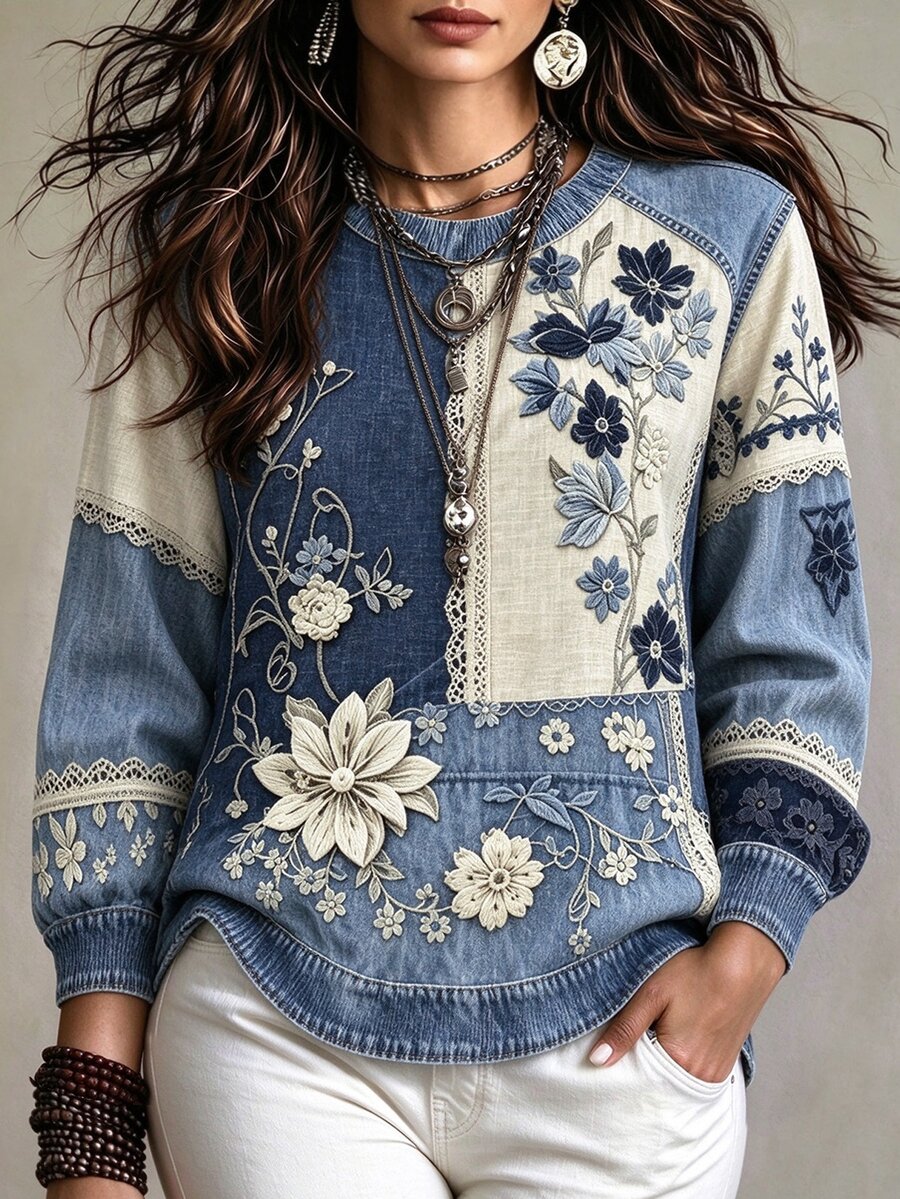 Linhara CURVE Plus Size Women's Floral Print Round Neck Long Sleeve Casual Loose Sweatshirt Fall - Multicolor - View 1