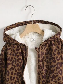 SHEIN Sparklyn 女童可愛棕色豹紋拉鍊連帽落肩加厚抓絨內裡短款運動外套，冬季校園社團穿搭 - 彩色 - 查看 8