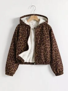 SHEIN Sparklyn 女童可愛棕色豹紋拉鍊連帽落肩加厚抓絨內裡短款運動外套，冬季校園社團穿搭 - 彩色 - 查看 9