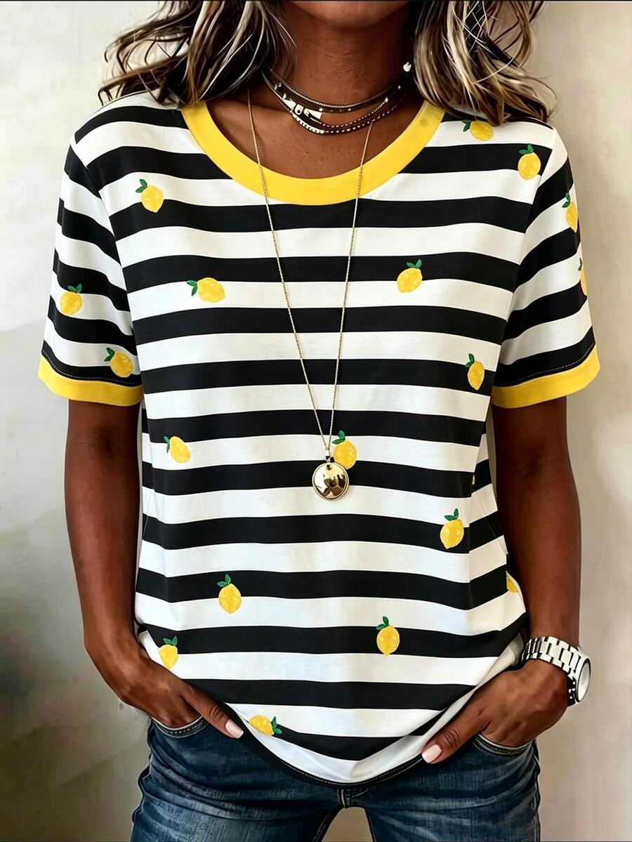 EMERY ROSE Plus Size Women's Black White Striped & Lemon Print Round Neck Short Sleeve T-Shirt,Yellow Contrast Trim Casual Loose Tee,Vacation Daily WearCurve Top - Multicolor - View 1