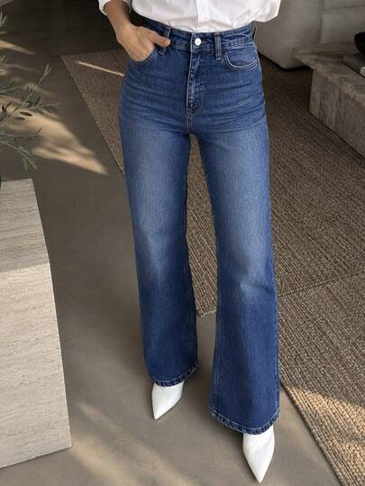 cottnline Calça Jeans Cintura Alta Com Perna Reta