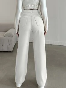 cottnline 100%Cotton Solid High Waist Straight Leg Jeans For Dailywear - White - View 2