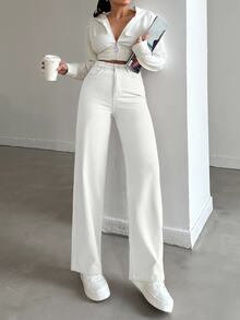 cottnline 100%Cotton Solid High Waist Straight Leg Jeans For Dailywear - White - View 6