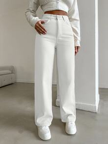 cottnline 100%Cotton Solid High Waist Straight Leg Jeans For Dailywear - White - View 4