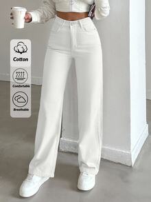 cottnline 100%Cotton Solid High Waist Straight Leg Jeans For Dailywear - White - View 3
