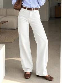 cottnline 100%Cotton Solid High Waist Straight Leg Jeans For Dailywear - White - View 1