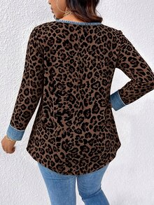 EMERY ROSE Plus Size Women's Leopard Print Long Sleeve Top, Sheer Mesh Chest Panel, Contrast Trim Round Neck Casual Sexy Loose Fit Daily Curve Blouse Fall - Multicolor - View 4