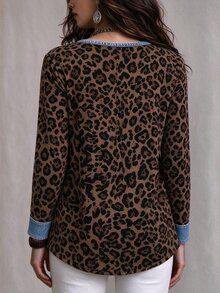 EMERY ROSE Plus Size Women's Leopard Print Long Sleeve Top, Sheer Mesh Chest Panel, Contrast Trim Round Neck Casual Sexy Loose Fit Daily Curve Blouse Fall - Multicolor - View 2