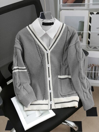 SHEIN 1pc Girls' Sweet Princess Style Cable Knit Cardigan, Pink And White Contrast Collar, Black 3D Bow Decor, V-Neck Long Sleeve Sweater, Regular Thickness, Versatile Fresh Soft Comfortable Knit Jacket For Daily, Campus, Outings, Spring And Autumn