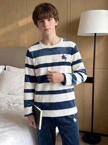 男童藍色條紋小馬刺繡圖案長袖長褲抓絨睡衣套裝，居家服，秋冬款 - 彩色 - 查看 7