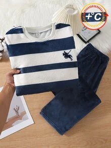 男童藍色條紋小馬刺繡圖案長袖長褲抓絨睡衣套裝，居家服，秋冬款 - 彩色 - 查看 6