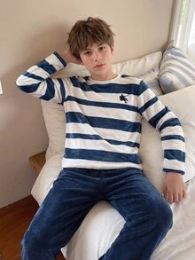 男童藍色條紋小馬刺繡圖案長袖長褲抓絨睡衣套裝，居家服，秋冬款 - 彩色 - 查看 8