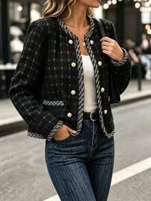 GlowEve CURVE Jaket Pendek Tweed Kasual Elegan Ukuran Plus Wanita untuk Perjalanan Musim Dingin - Hitam - View 5