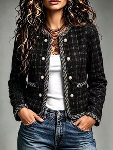 GlowEve CURVE Jaket Pendek Tweed Kasual Elegan Ukuran Plus Wanita untuk Perjalanan Musim Dingin - Hitam - View 1