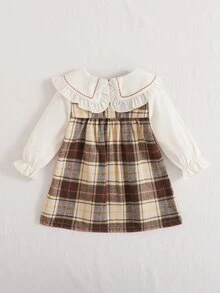 SHEIN 1件女嬰休閒復古棕色格紋彼得潘領蝴蝶結長袖拼接2合1洋裝，適合秋冬日常穿著 - 卡其色 - 查看 2