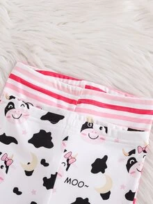 Cozy Pixies 4件組女嬰休閒卡通牛花紋舒適修身圓領長袖套頭上衣與睡褲針織居家服套裝，2件套多件組，2款各1件，4件套 - 粉色 - 查看 5