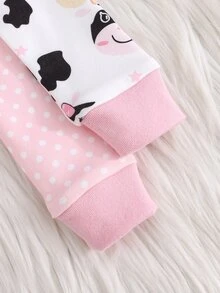 Cozy Pixies 4件組女嬰休閒卡通牛花紋舒適修身圓領長袖套頭上衣與睡褲針織居家服套裝，2件套多件組，2款各1件，4件套 - 粉色 - 查看 6