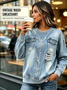 EMERY ROSE Women's Vintage Washed Crew Neck Sweatshirt, Faux Pocket & Ripped Detail Loose Long Sleeve Pullover Top Fall - Multicolor - View 3