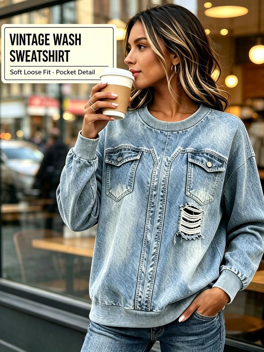 EMERY ROSE Women's Vintage Washed Crew Neck Sweatshirt, Faux Pocket & Ripped Detail Loose Long Sleeve Pullover Top Fall - Multicolor - View 1