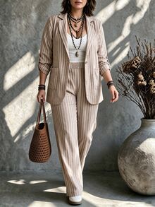 Ceyna Setelan 2 Potong Blazer & Celana Bergaris Elegan Gaya Kasual Prancis untuk Wanita Ukuran Plus, Musim Gugur - Khaki - View 5