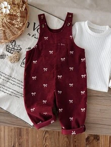 SHEIN Playful Pals 秋冬蝴蝶結刺繡燈芯絨吊帶褲套裝，柔軟嬰兒連身褲，紅色可愛風女嬰服飾，適合春夏秋冬女童日常穿著 - 紅色 - 查看 3