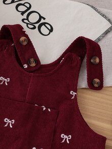 SHEIN Playful Pals 秋冬蝴蝶結刺繡燈芯絨吊帶褲套裝，柔軟嬰兒連身褲，紅色可愛風女嬰服飾，適合春夏秋冬女童日常穿著 - 紅色 - 查看 8