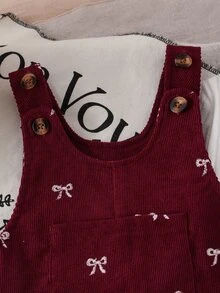 SHEIN Playful Pals 秋冬蝴蝶結刺繡燈芯絨吊帶褲套裝，柔軟嬰兒連身褲，紅色可愛風女嬰服飾，適合春夏秋冬女童日常穿著 - 紅色 - 查看 9
