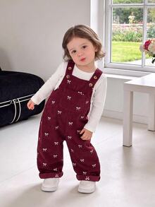 SHEIN Playful Pals 秋冬蝴蝶結刺繡燈芯絨吊帶褲套裝，柔軟嬰兒連身褲，紅色可愛風女嬰服飾，適合春夏秋冬女童日常穿著 - 紅色 - 查看 1