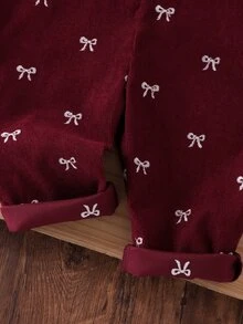 SHEIN Playful Pals 秋冬蝴蝶結刺繡燈芯絨吊帶褲套裝，柔軟嬰兒連身褲，紅色可愛風女嬰服飾，適合春夏秋冬女童日常穿著 - 紅色 - 查看 7