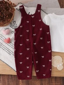 SHEIN Playful Pals 秋冬蝴蝶結刺繡燈芯絨吊帶褲套裝，柔軟嬰兒連身褲，紅色可愛風女嬰服飾，適合春夏秋冬女童日常穿著 - 紅色 - 查看 2
