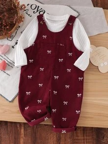 SHEIN Playful Pals 秋冬蝴蝶結刺繡燈芯絨吊帶褲套裝，柔軟嬰兒連身褲，紅色可愛風女嬰服飾，適合春夏秋冬女童日常穿著 - 紅色 - 查看 6