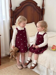 SHEIN Playful Pals 秋冬蝴蝶結刺繡燈芯絨吊帶褲套裝，柔軟嬰兒連身褲，紅色可愛風女嬰服飾，適合春夏秋冬女童日常穿著 - 紅色 - 查看 11