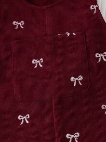 SHEIN Playful Pals 秋冬蝴蝶結刺繡燈芯絨吊帶褲套裝，柔軟嬰兒連身褲，紅色可愛風女嬰服飾，適合春夏秋冬女童日常穿著 - 紅色 - 查看 10