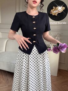 Modelyn 女款純色金屬單排扣短袖上衣搭配黑白波點裙休閒法式優雅日常套裝，適合辦公室、早午餐、夏季 - 黑與白 - 查看 5