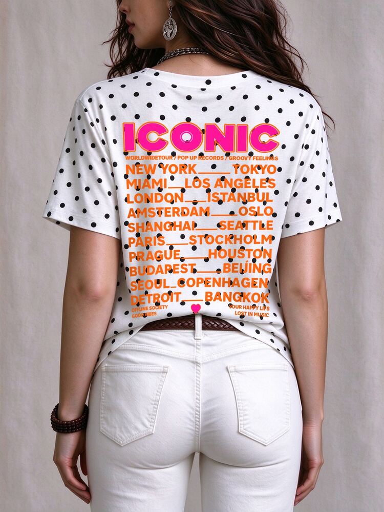 EMERY ROSE Plus Size Women White T-Shirt, Back ICONIC World City Letter Graphic Short Sleeve Crew Neck Casual Anti Social Summer Curvy Fit Concert Vacation - Multicolor - View 2